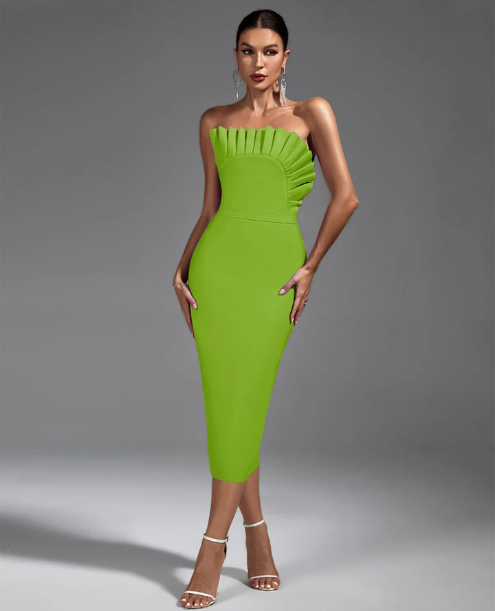 “Anai” Green Strapless Pleated Midi Bandage Dress