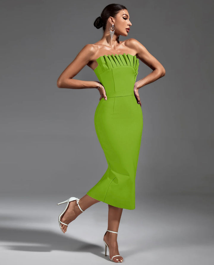 “Anai” Green Strapless Pleated Midi Bandage Dress