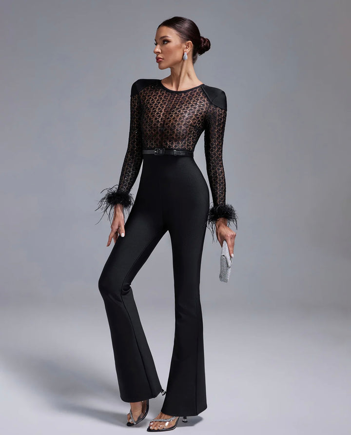 “Ivy” Black Mesh Sequin Bandage Jumpsuit