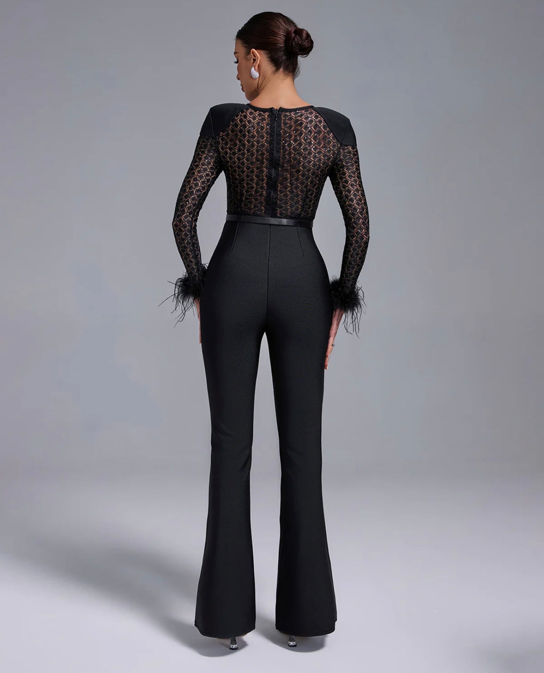 “Ivy” Black Mesh Sequin Bandage Jumpsuit