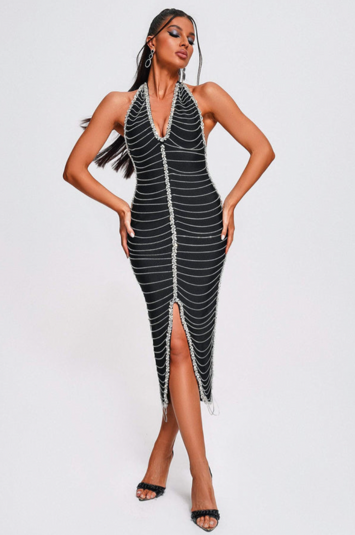 "Xiomara" Black Embellished Front Slit Halter Bandage Dress