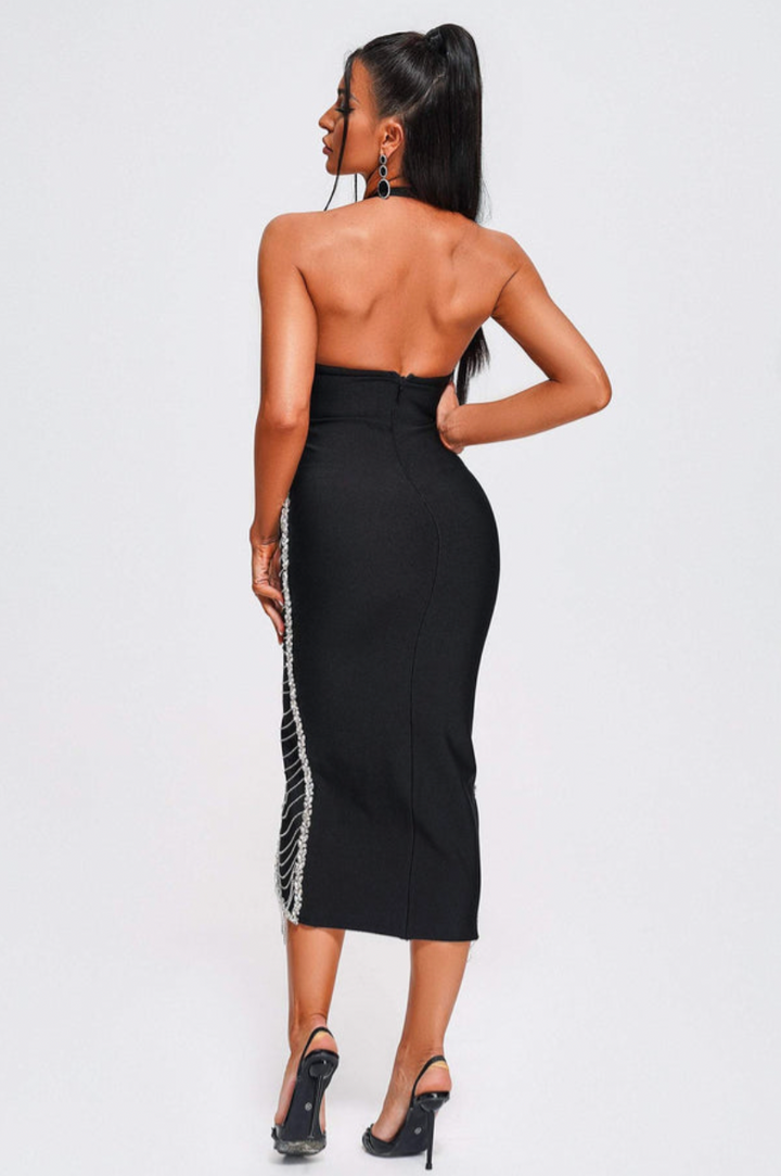 "Xiomara" Black Embellished Front Slit Halter Bandage Dress