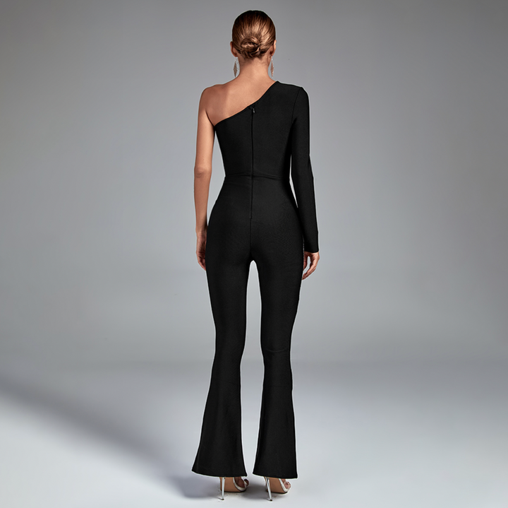 "Floss" Rhinestone Embellished One Shoulder Black Bandage Jumpsuit