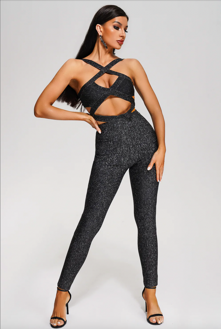 "Hedra" Sexy Criss Cross Cut Out Shimmer Bandage Jumpsuit