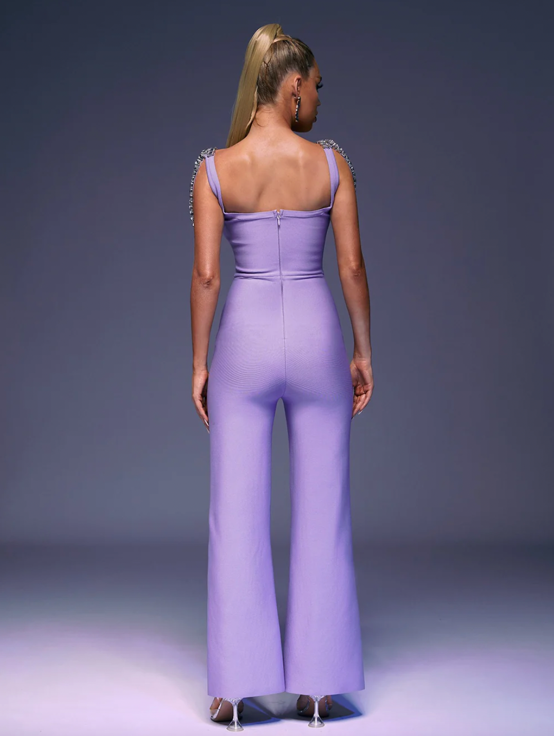 "Isla" Crystal Beaded Purple Bandage Jumpsuit
