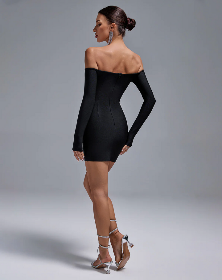 "Daphne" Black Off the Shoulder Crystal Bra Mini Bandage Dress