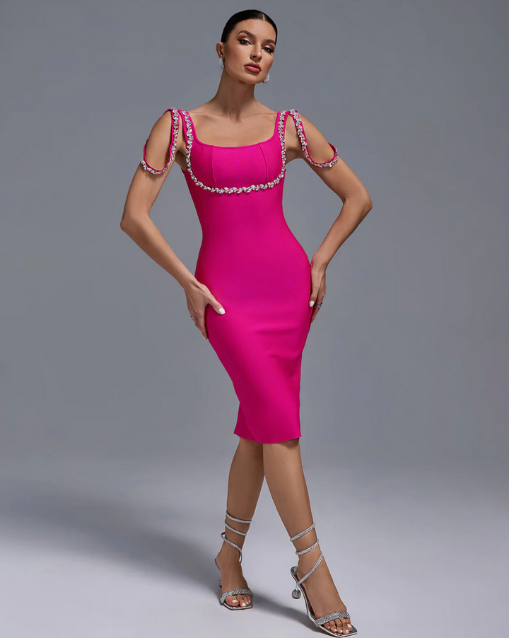 "Bie" Pink Crystal Detailed Bandage Dress