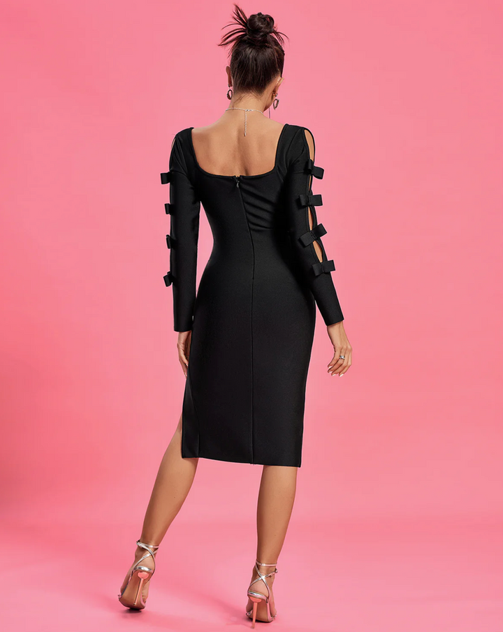 "Catalina" Black Square Neck Midi Bow Arm Detailed Bandage Dress