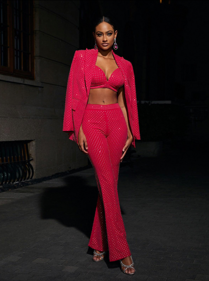 "Medusa" Crystal Embellished Blazer Three Piece Set In Hot Pink