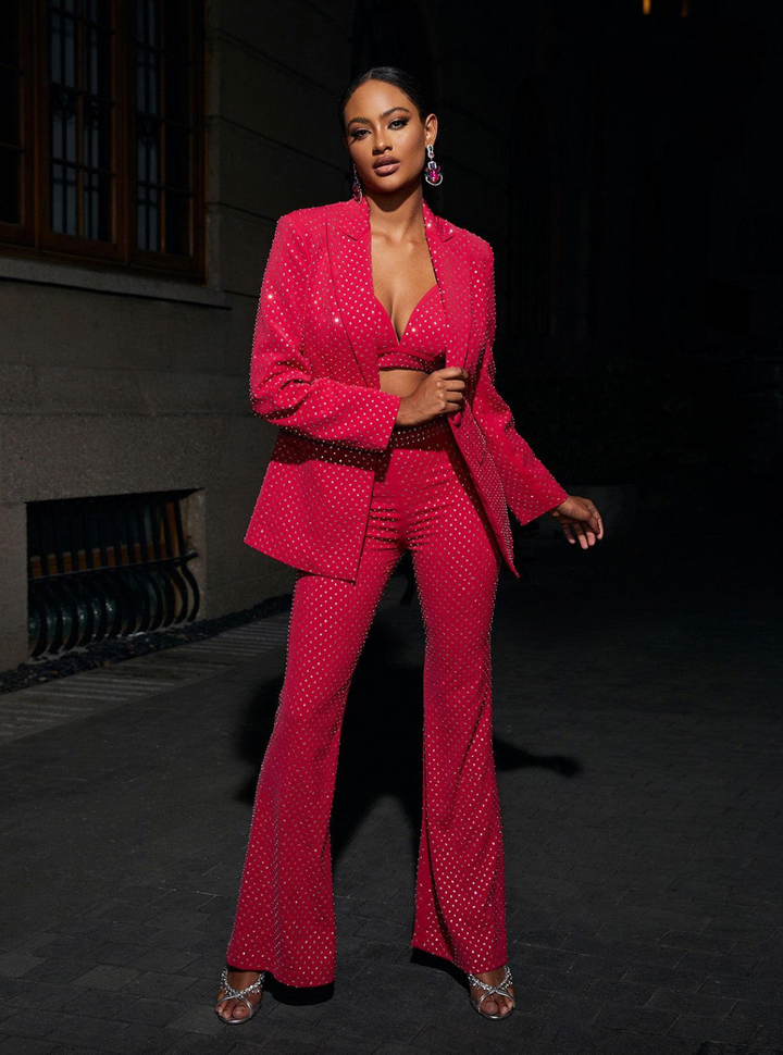 "Medusa" Crystal Embellished Blazer Three Piece Set In Hot Pink